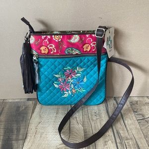 Anna Jo Crossbody Messenger Bag Purse Tote Turquoise Floral Plastic Narrow New.